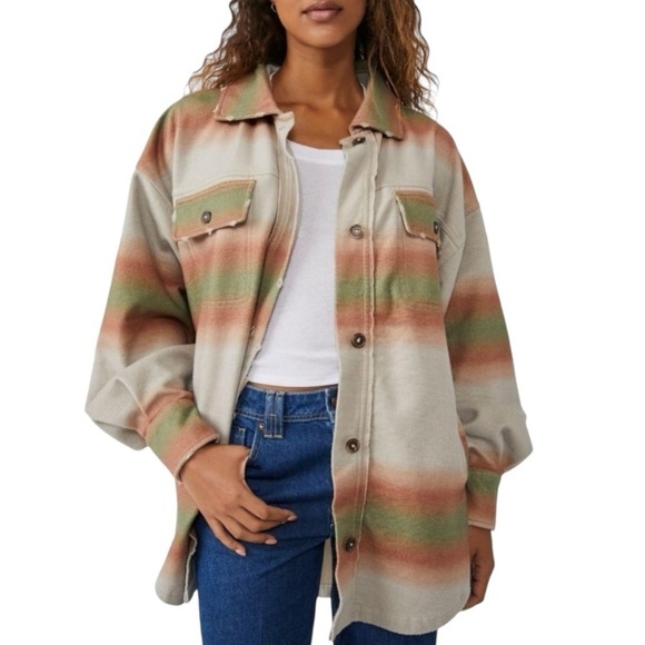 Free People Ruby Ombre Stripes Oversized Cotton Flannel Shacket Coat Women Large - Picture 2 of 13